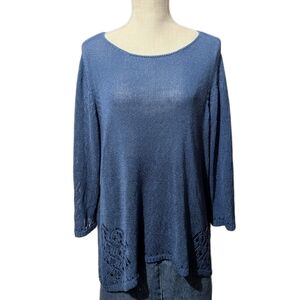 Vintage Blue Lace Knit Long Tunic Crochet Micro Net Drapey Flowy Witchy Sweater